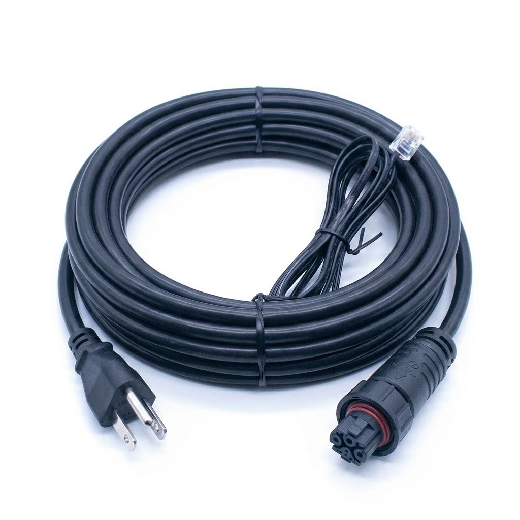 Coiled waterproof circular connector cable assembly with power plug