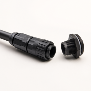 M12 threaded waterproof connector family with cable plug and panel mount receptacle