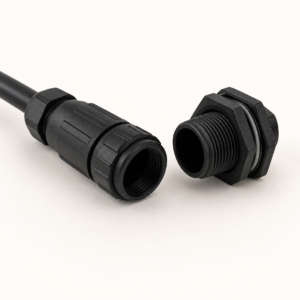 M16 threaded waterproof connector family with cable plug and panel mount receptacle