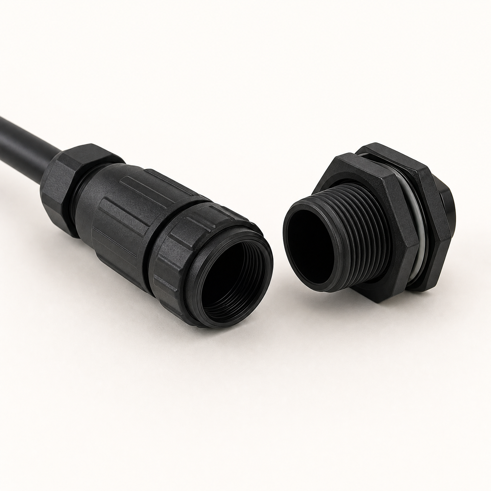 M16 threaded waterproof connector family with cable plug and panel mount receptacle