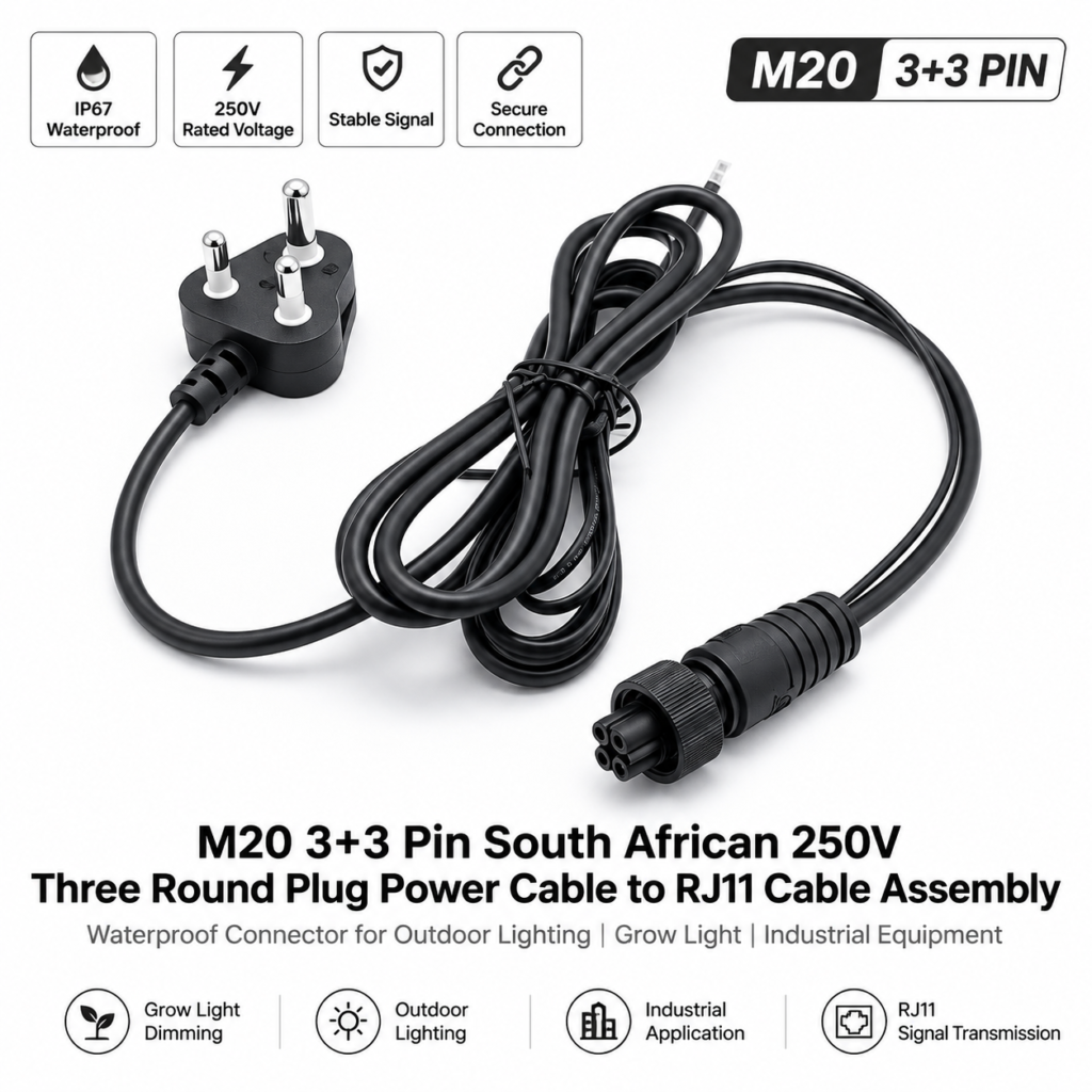 Waterproof cable assembly with mains plug and circular connector